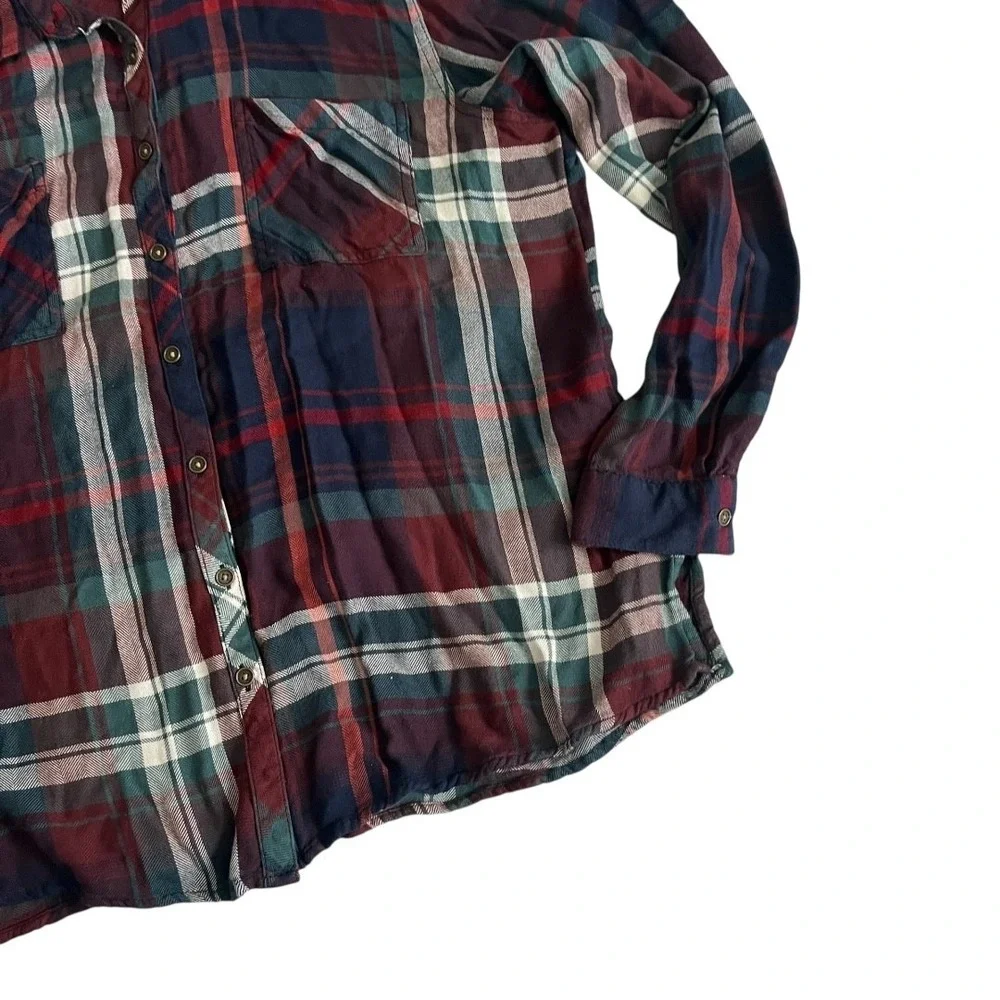 Maurices Relaxed Fit Tunic Plaid Button‎ Down Shirt XXL Burgundy Navy Rayon